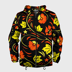 Ветровка с капюшоном мужская Хохлома черный фон, цвет: 3D-черный