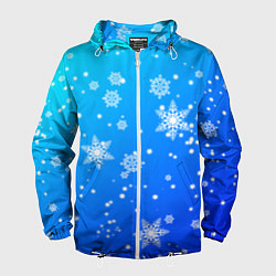Ветровка с капюшоном мужская Снежинки на голубом фоне, цвет: 3D-белый