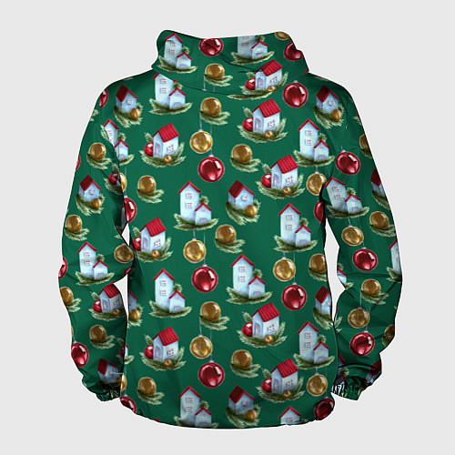 Мужская ветровка Новогодние домики на зеленом - паттерн / 3D-Белый – фото 2