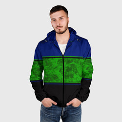 Ветровка с капюшоном мужская Синие, неоновые зеленые мраморные и черные полосы, цвет: 3D-черный — фото 2