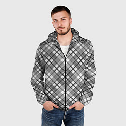 Ветровка с капюшоном мужская Черно белый узор в косую клетку, цвет: 3D-черный — фото 2