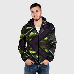 Ветровка с капюшоном мужская Зеленые листья и фиолетовые вставки, цвет: 3D-черный — фото 2