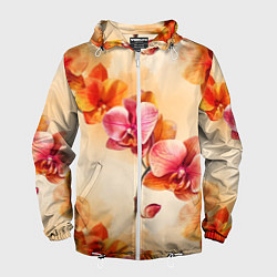 Ветровка с капюшоном мужская Акварельные цветы - персиковый паттерн, цвет: 3D-белый