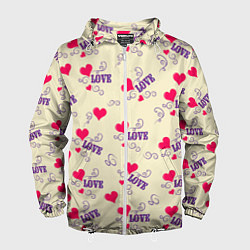 Ветровка с капюшоном мужская Любовь - надпись и сердечки, цвет: 3D-белый