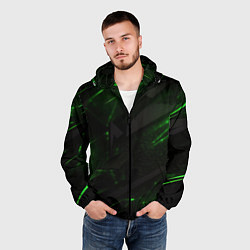 Ветровка с капюшоном мужская Dark black green abstract, цвет: 3D-черный — фото 2