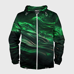 Ветровка с капюшоном мужская Зеленые абстрактные волны, цвет: 3D-белый