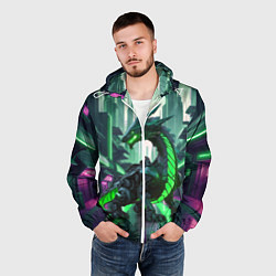 Ветровка с капюшоном мужская Неоновый зеленый дракон, цвет: 3D-белый — фото 2