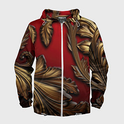 Ветровка с капюшоном мужская Золотые объемные листья на красном фоне, цвет: 3D-белый
