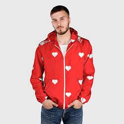 Ветровка с капюшоном мужская Белые сердца на красном фоне, цвет: 3D-белый — фото 2