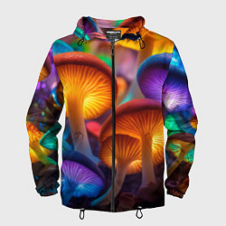 Ветровка с капюшоном мужская Неоновые светящиеся грибы, цвет: 3D-черный