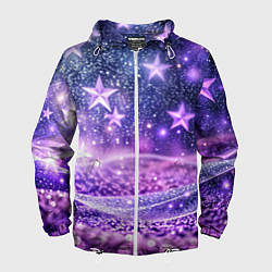 Ветровка с капюшоном мужская Абстрактные звезды в фиолетовых искрах, цвет: 3D-белый
