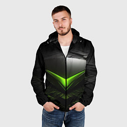 Ветровка с капюшоном мужская Зеленая яркая плашка на черном абстракция, цвет: 3D-черный — фото 2