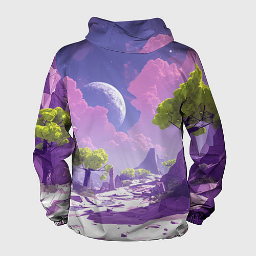 Мужская ветровка Фиолетовые горы зеленые деревья и космос / 3D-Черный – фото 2