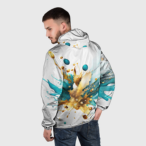 Мужская ветровка Бирюзово голубая абстракция, брызги краски на бело / 3D-Черный – фото 4