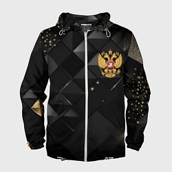 Ветровка с капюшоном мужская Золотой герб России на черно-золотой текстуре, цвет: 3D-белый