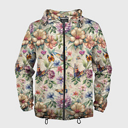 Ветровка с капюшоном мужская Летний узор с цветами и бабочками, цвет: 3D-черный