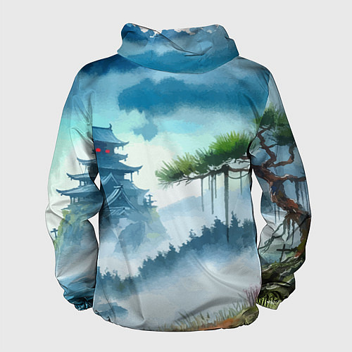 Мужская ветровка Японский пейзаж - акварель живопись / 3D-Черный – фото 2