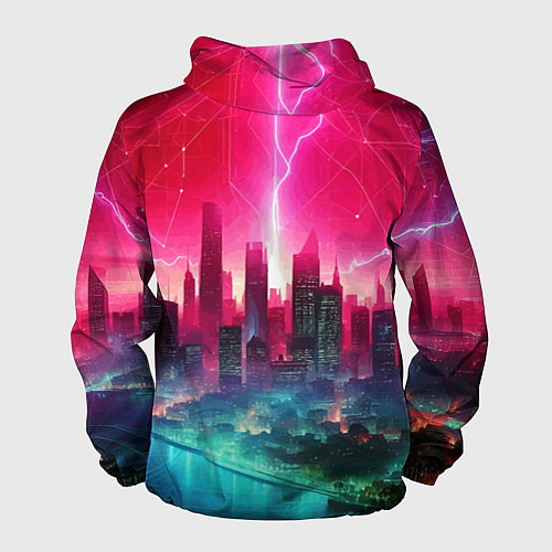 Мужская ветровка Неоновая гроза в мегаполисе - удар молнии / 3D-Черный – фото 2