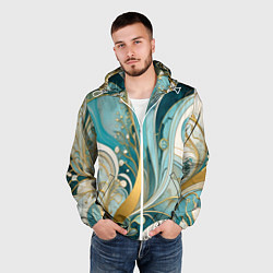 Ветровка с капюшоном мужская Бирюзовый с белым растительный узор в мягких тонах, цвет: 3D-белый — фото 2