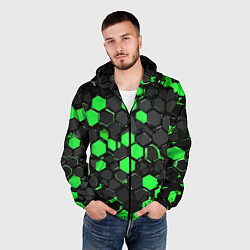 Ветровка с капюшоном мужская Зелёно-серые шестиугольники на чёрном фоне, цвет: 3D-черный — фото 2