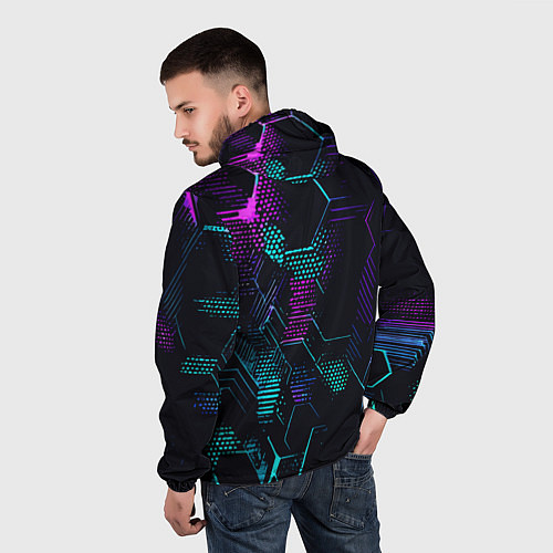 Мужская ветровка Розово-голубые точки и линии на чёрном фоне / 3D-Черный – фото 4