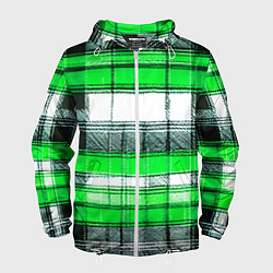 Ветровка с капюшоном мужская Чёрные полосы на зелёном-белом фоне, цвет: 3D-белый