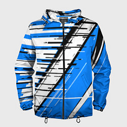 Ветровка с капюшоном мужская Чёрно-белые глитч полосы на синем фоне, цвет: 3D-черный