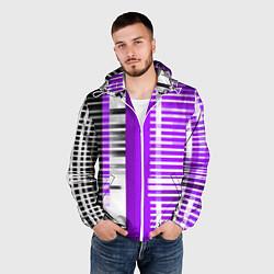 Ветровка с капюшоном мужская Белые полосы на чёрно-фиолетовом фоне, цвет: 3D-белый — фото 2