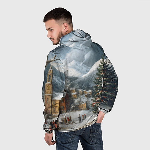 Мужская ветровка Новогодняя огромная елка и маленькие домики / 3D-Черный – фото 4