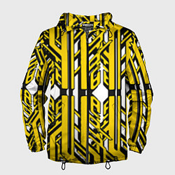 Ветровка с капюшоном мужская Чёрно-жёлтые техно полосы на белом фоне, цвет: 3D-черный