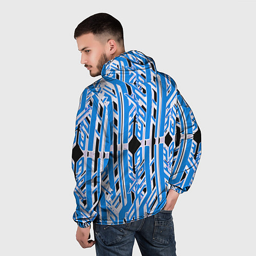 Мужская ветровка Бело-синие техно полосы на чёрном фоне / 3D-Черный – фото 4