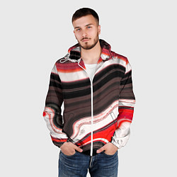 Ветровка с капюшоном мужская Волнистые горизонтальные чёрно-красные полосы на б, цвет: 3D-белый — фото 2
