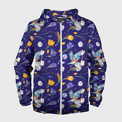 Ветровка с капюшоном мужская Зяблик и крокусы, цвет: 3D-белый