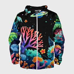 Ветровка с капюшоном мужская Космический подводный мир, цвет: 3D-белый