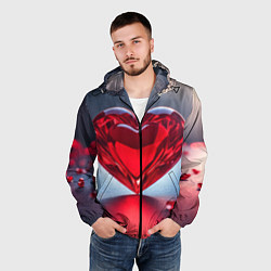 Ветровка с капюшоном мужская Хрустальное красное сердце на сером фоне с боке, цвет: 3D-черный — фото 2