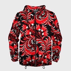 Ветровка с капюшоном мужская Хохлома - красная роспись, цвет: 3D-черный
