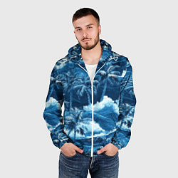 Ветровка с капюшоном мужская Пальмы и волны - голубые оттенки паттерн, цвет: 3D-белый — фото 2