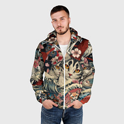 Ветровка с капюшоном мужская Котики и рыбки в сакуре, цвет: 3D-белый — фото 2