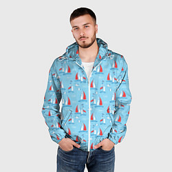 Ветровка с капюшоном мужская Морской паттерн с парусными лодками и чайками, цвет: 3D-белый — фото 2