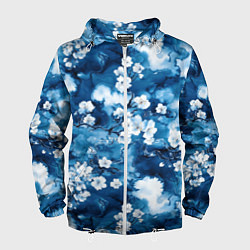 Мужская ветровка Цветы белой сакуры - паттерн на синем фоне