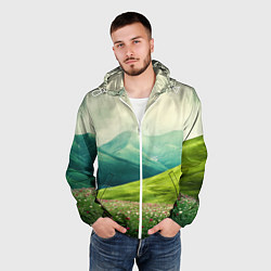 Ветровка с капюшоном мужская Горы и поле с цветами - зеленый пейзаж, цвет: 3D-белый — фото 2