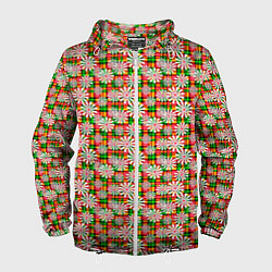 Мужская ветровка Белые ромашки на красно зеленом клетчатом фоне