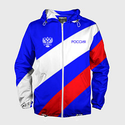 Ветровка с капюшоном мужская Россия с гербом и цветами флага, цвет: 3D-белый