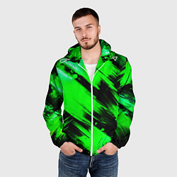 Ветровка с капюшоном мужская Зеленые мазки краски на черном, цвет: 3D-белый — фото 2