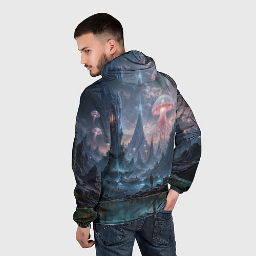Мужская ветровка Фантастический мир с медузами и озеро у гор / 3D-Черный – фото 4