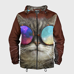 Ветровка с капюшоном мужская A Cat with multicolored glasses, цвет: 3D-черный