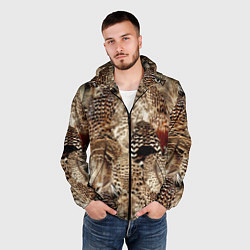 Ветровка с капюшоном мужская Разные перья птиц - коричнево-бежевый паттерн, цвет: 3D-черный — фото 2