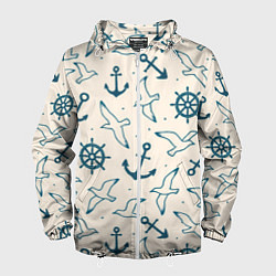 Ветровка с капюшоном мужская Морской паттерн из штурвалов, чаек и якорей, цвет: 3D-белый