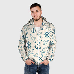 Ветровка с капюшоном мужская Морской паттерн из штурвалов, чаек и якорей, цвет: 3D-белый — фото 2
