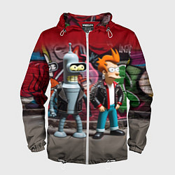 Ветровка с капюшоном мужская Bender bending robot and Fry - ai art graffiti, цвет: 3D-белый